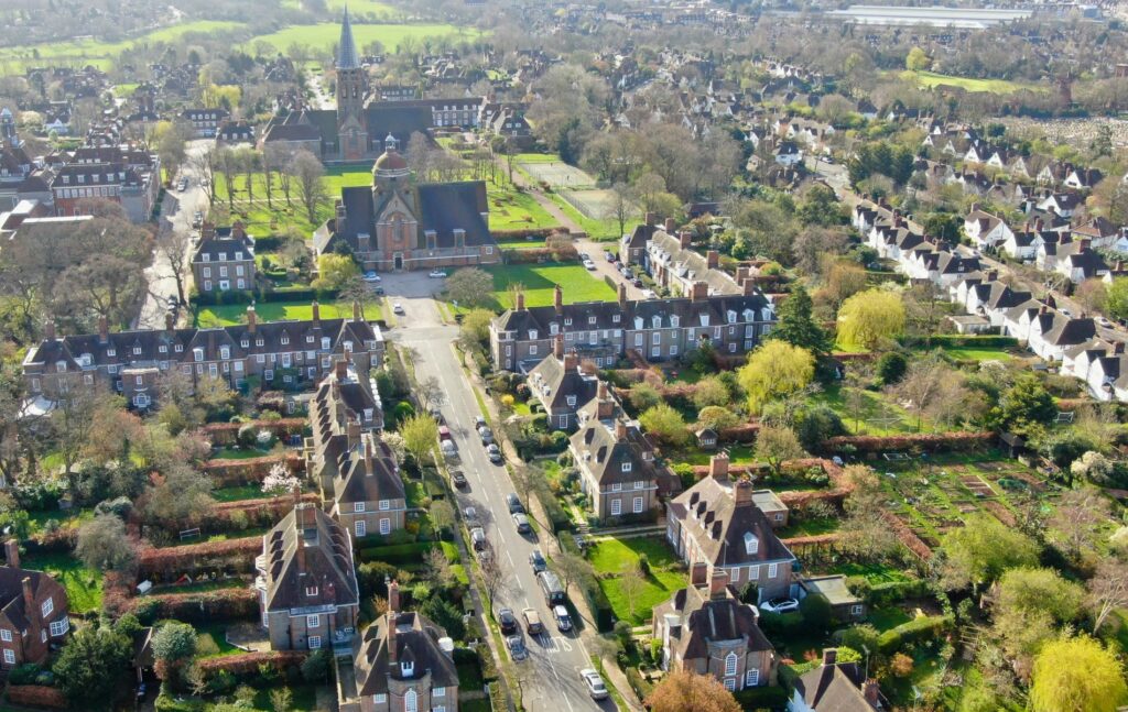 Aerial view of Hampstead Garden Suburb and St. Jude's Church, London